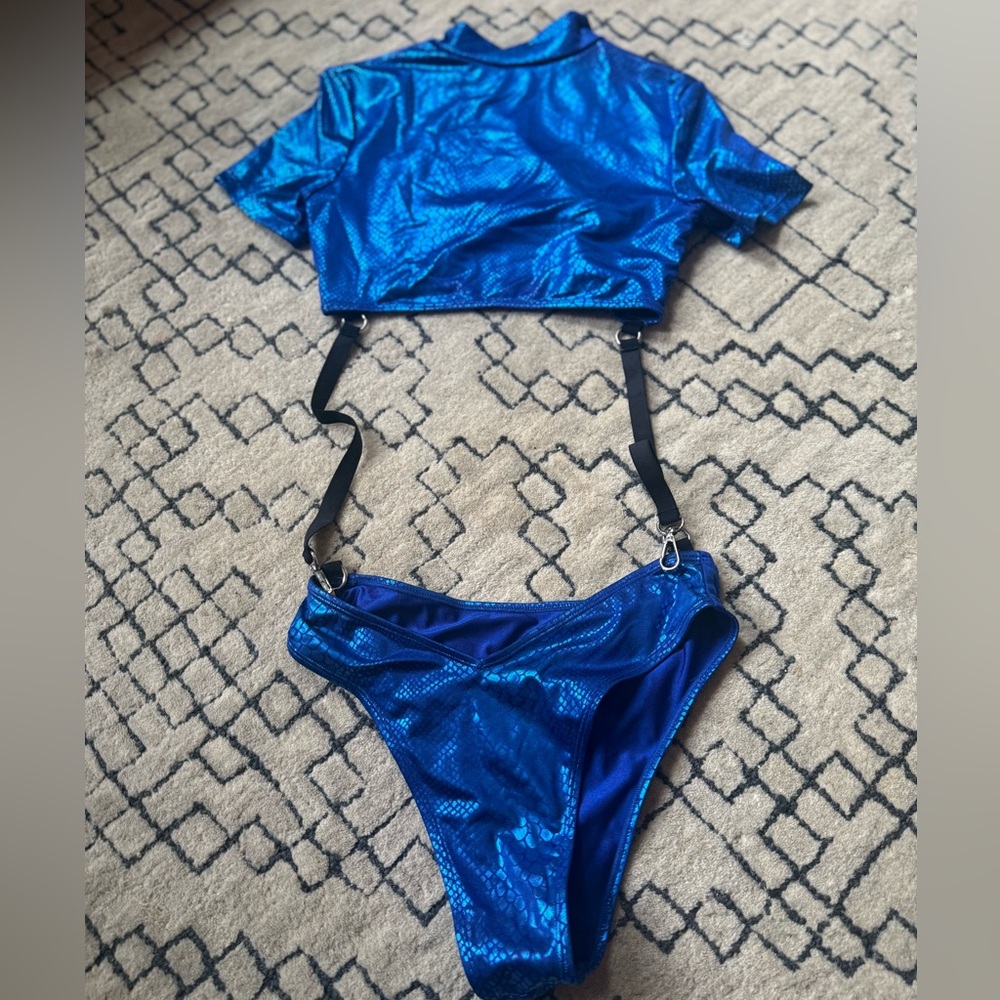 Blue Shiny Rave Two-Piece Set with Suspenders